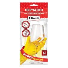 Перчатки хозяйственные латексные Для деликатной уборки с х/б напылением M желтые Komfi/2